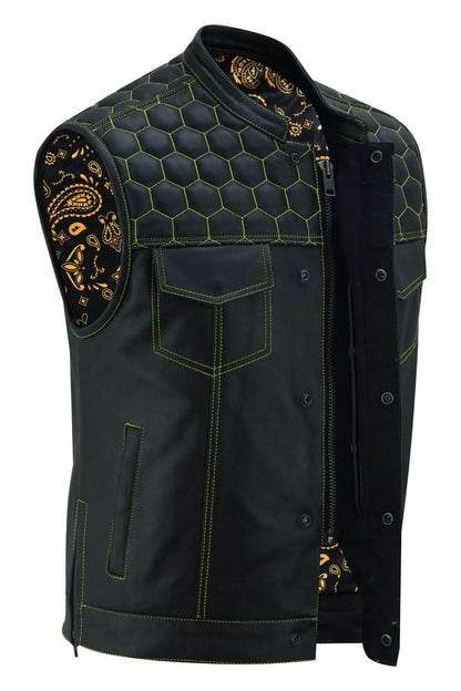 Men's Gold Rush Black Leather Vest - Yellow Stitching