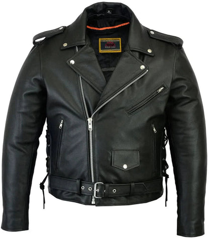 Men's Classic Side Lace Police Black Leather Motorcycle Jacket