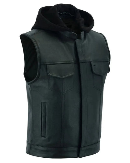 Men's Black Leather Motorcycle Vest with Removable Hood