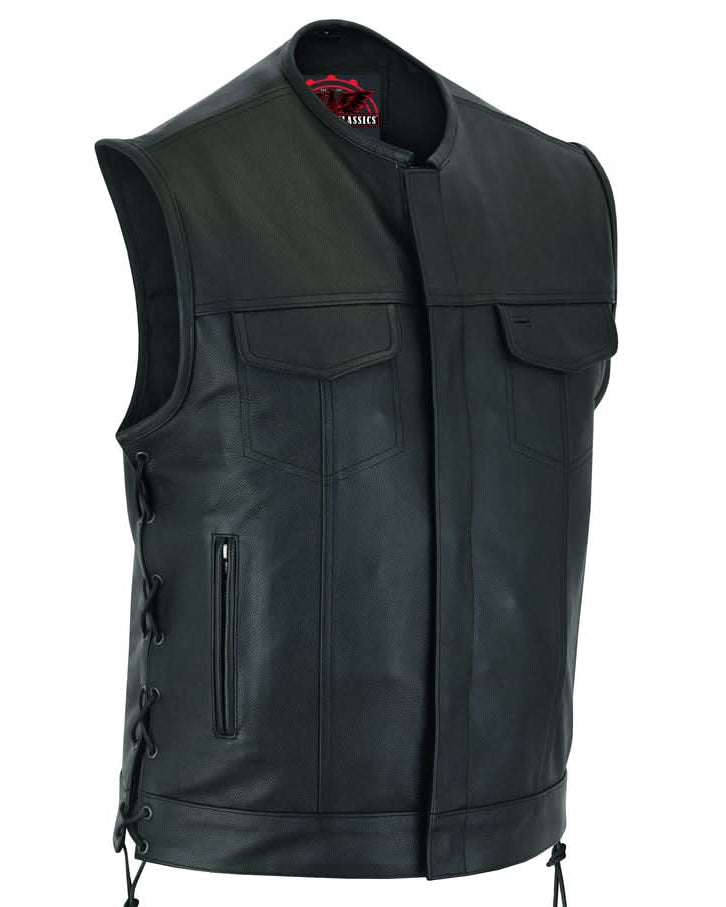Men's Combat Black motorcycle Leather Vest - Gun Pockets & Side Laces