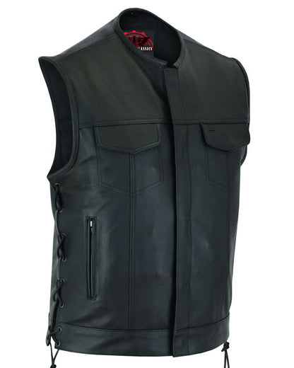 Men's Combat Black motorcycle Leather Vest - Gun Pockets & Side Laces