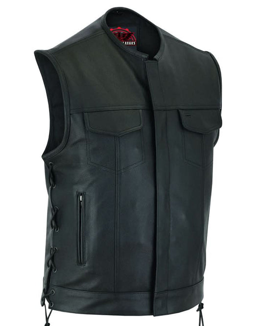 Men's Combat Black motorcycle Leather Vest - Gun Pockets & Side Laces