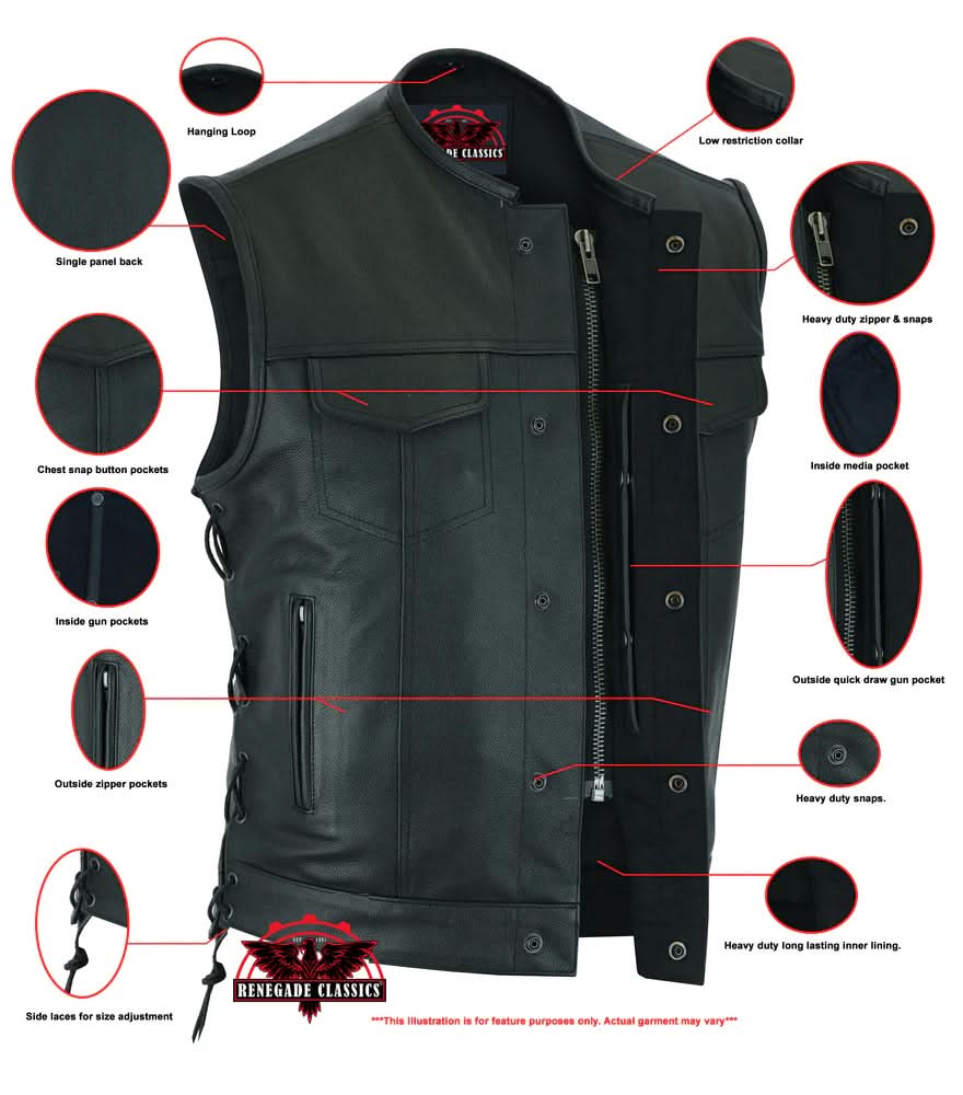 Men's Combat Black motorcycle Leather Vest - Gun Pockets & Side Laces