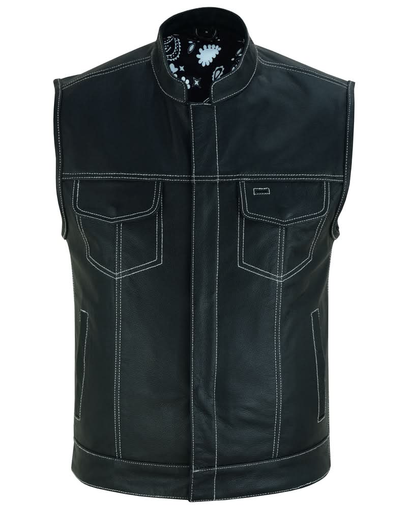 Men's Paisley Black Leather Motorcycle Vest with White Stitching