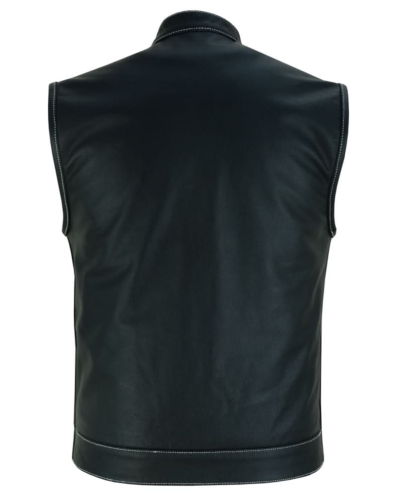Men's Paisley Black Leather Motorcycle Vest with White Stitching