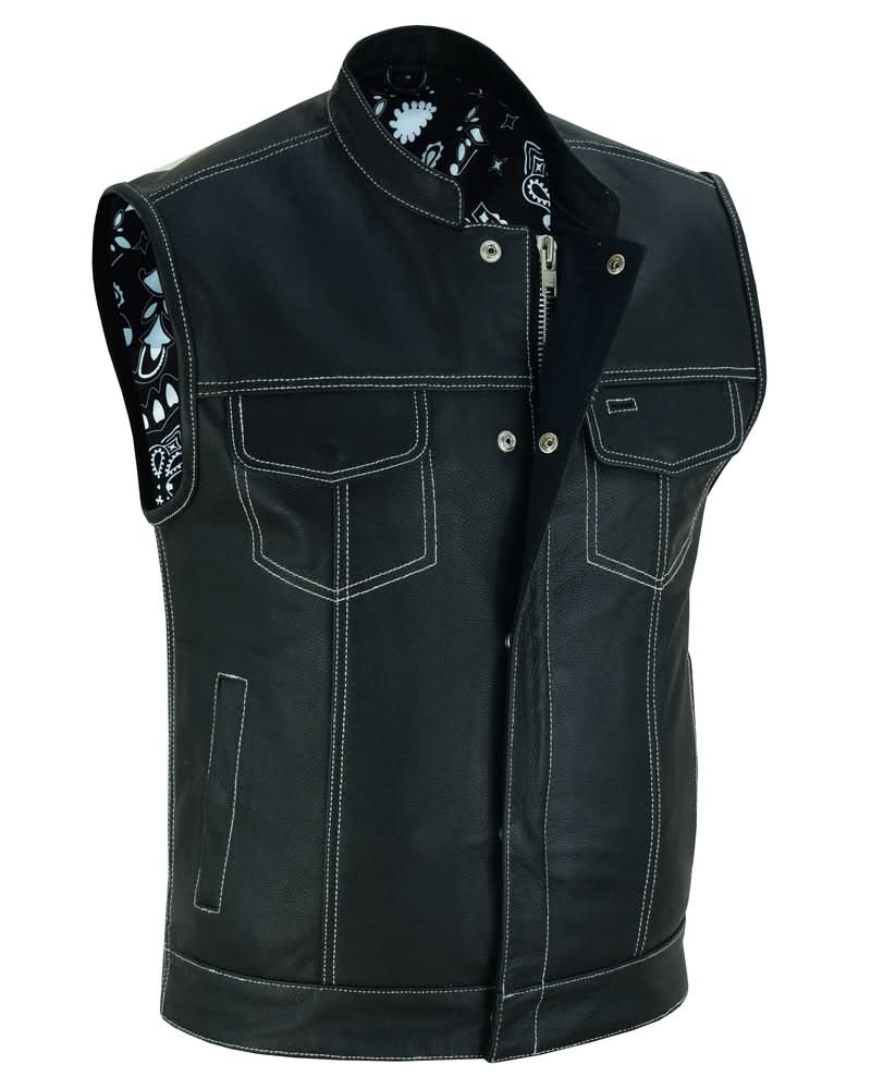 Men's Paisley Black Leather Motorcycle Vest with White Stitching