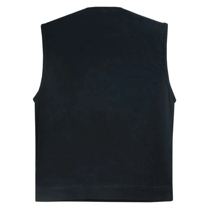 Mens Black Denim Motorcycle Vest with Concealed Snaps & Zipper