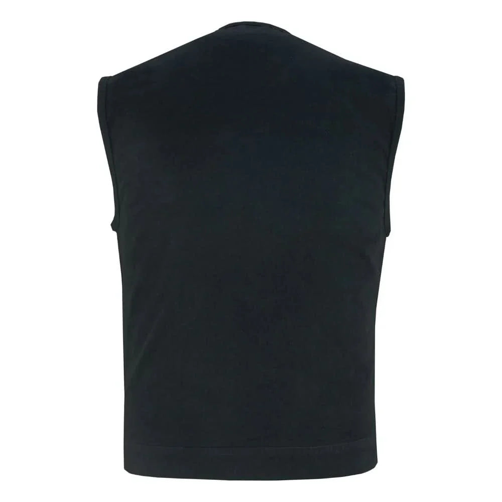 Mens Black Denim Motorcycle Vest with Concealed Snaps & Zipper