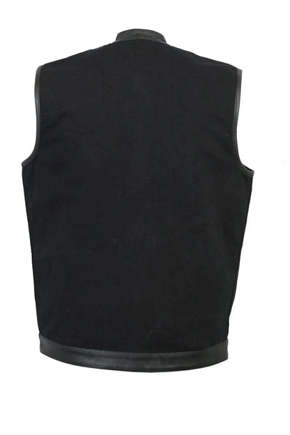 Men's Black Denim Single Panel Concealment Vest W/ Leather Trim