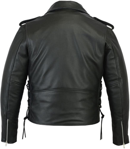 Men's Classic Side Lace Police Black Leather Motorcycle Jacket