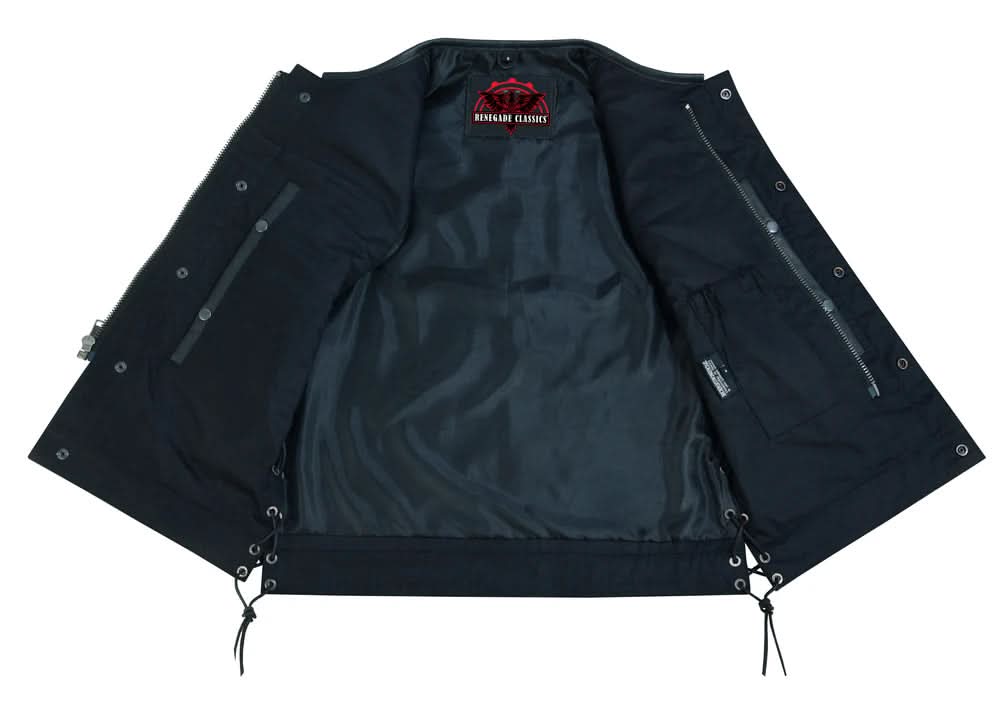 Men's Combat Black motorcycle Leather Vest - Gun Pockets & Side Laces