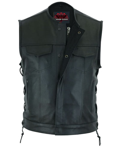 Men's Combat Black motorcycle Leather Vest - Gun Pockets & Side Laces