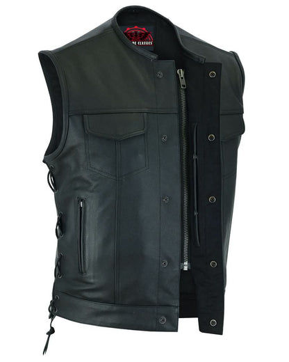 Men's Combat Black motorcycle Leather Vest - Gun Pockets & Side Laces