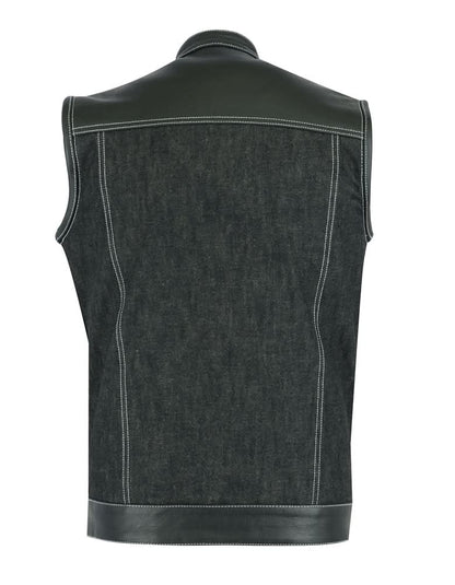 Men's Leather-Denim Combo Motorcycle Vest w/ Scoop Collar