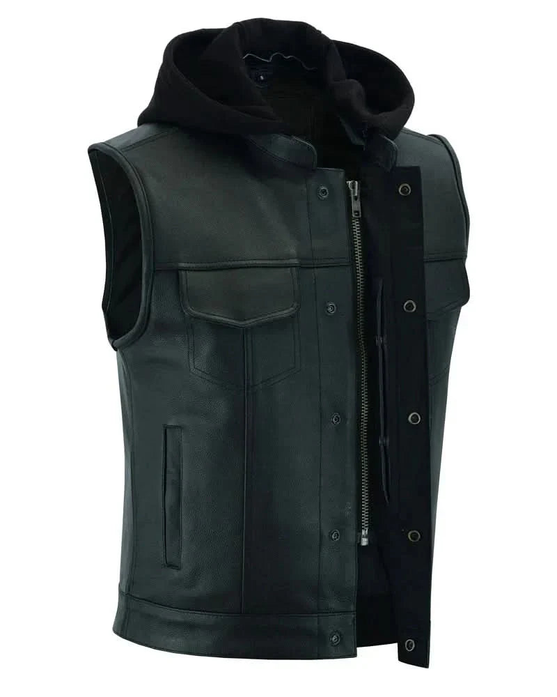 Men's Black Leather Motorcycle Vest with Removable Hood