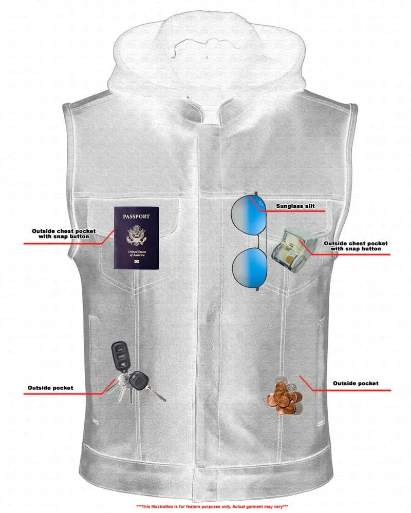 Men's Black Leather Motorcycle Vest with Removable Hood