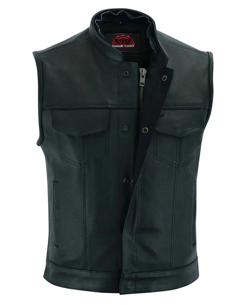 Men's Black Leather Motorcycle Vest with Removable Hood