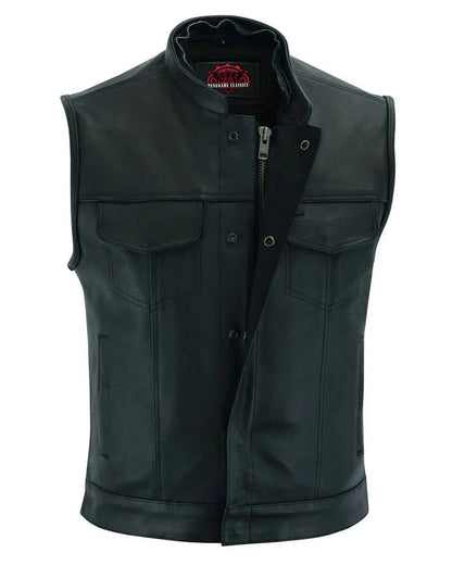 Men's Black Leather Motorcycle Vest with Removable Hood