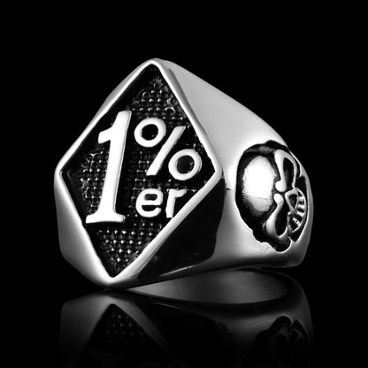 Stainless Steel "1%er" With Skull Accents Signet Ring