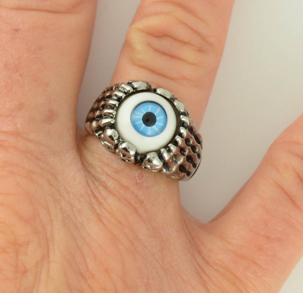 SK1053  Ladies Blue Eyeball Ring Stainless Steel Motorcycle Jewelry  Sizes 5-10