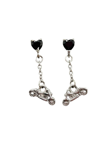 SK2708E Heart Crystal Motorcycle Earrings - Black Stone