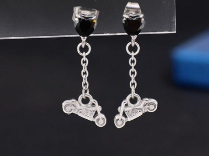 SK2708E Heart Crystal Motorcycle Earrings - Black Stone