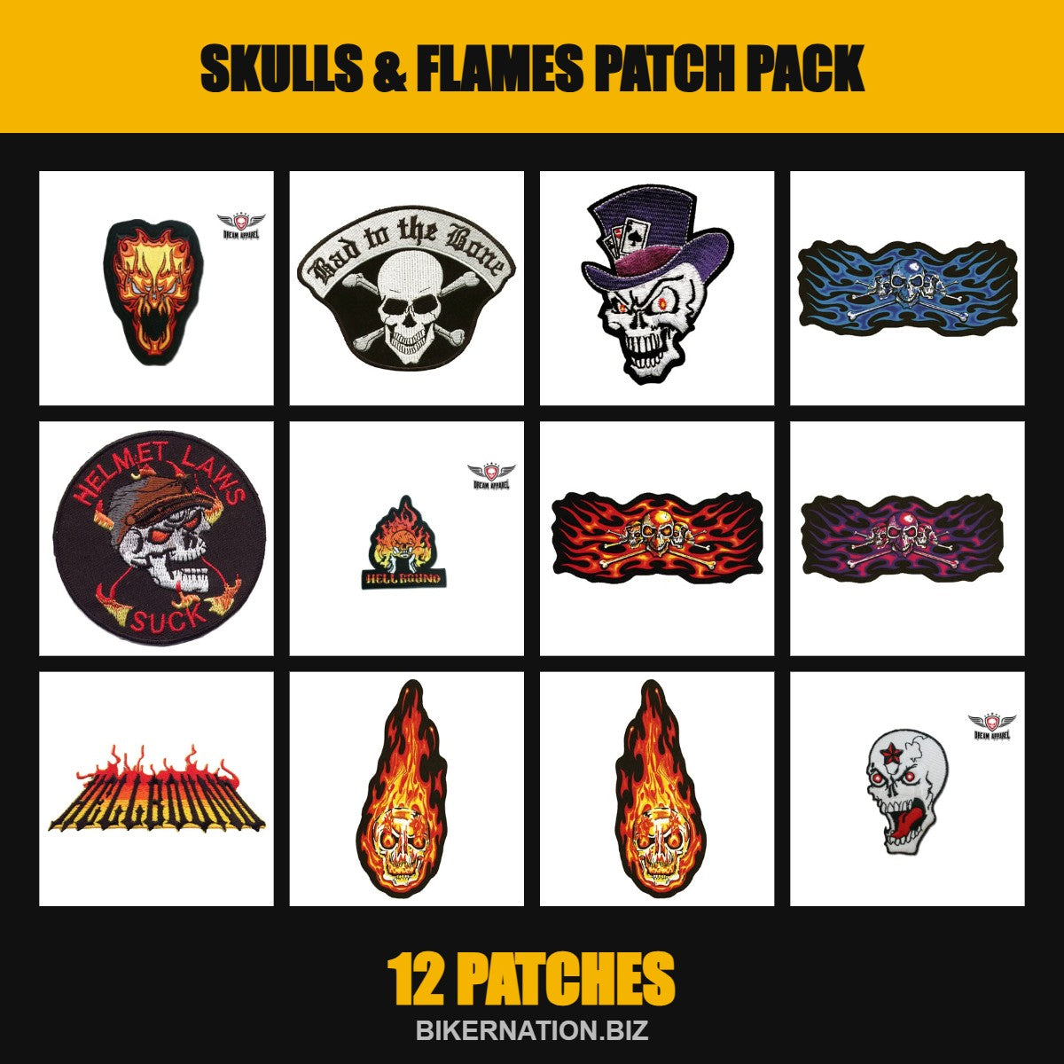Skulls & Flames Patch Pack – 12 Patches