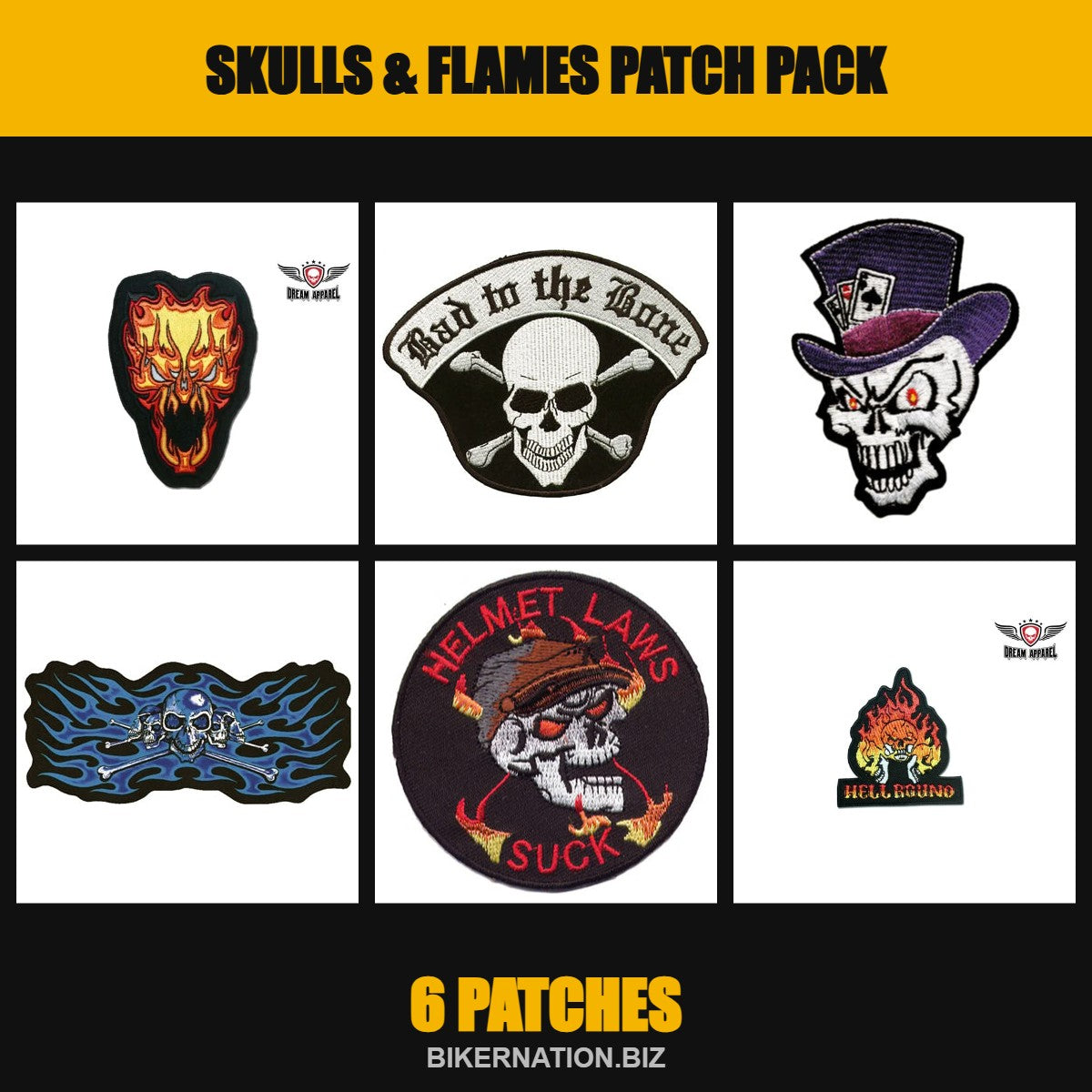 Skulls & Flames Patch Pack – 6 Patches