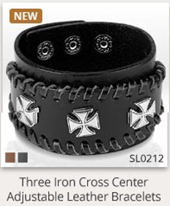 Triple Iron Cross Black Leather Bracelet - 7.28-8.46 / Black - The Biker Nation - 1