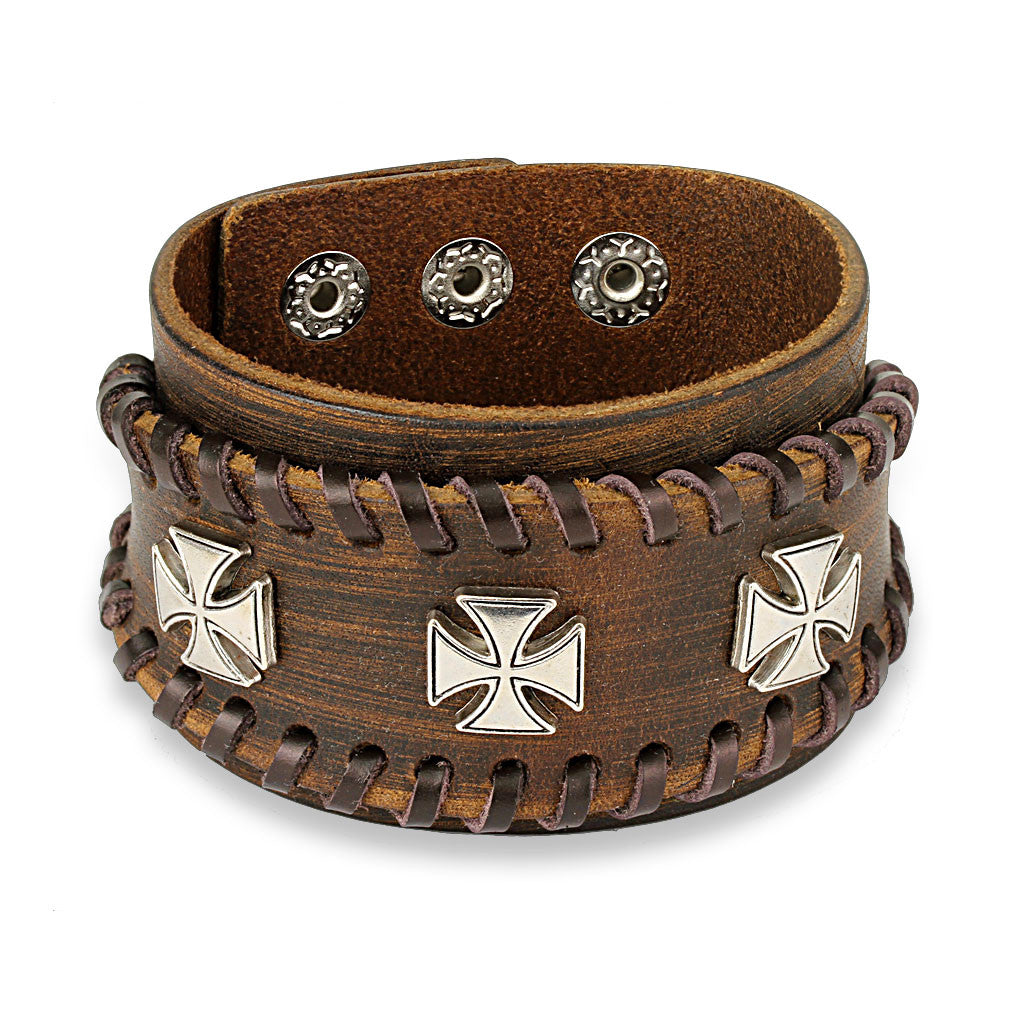 Triple Iron Cross Black Leather Bracelet - 7.28-8.46 / Brown - The Biker Nation - 2
