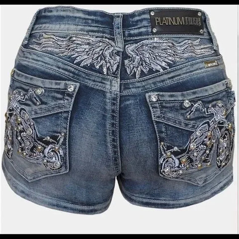 Motorcycle/Wings embellished denim 5 pocket shorts